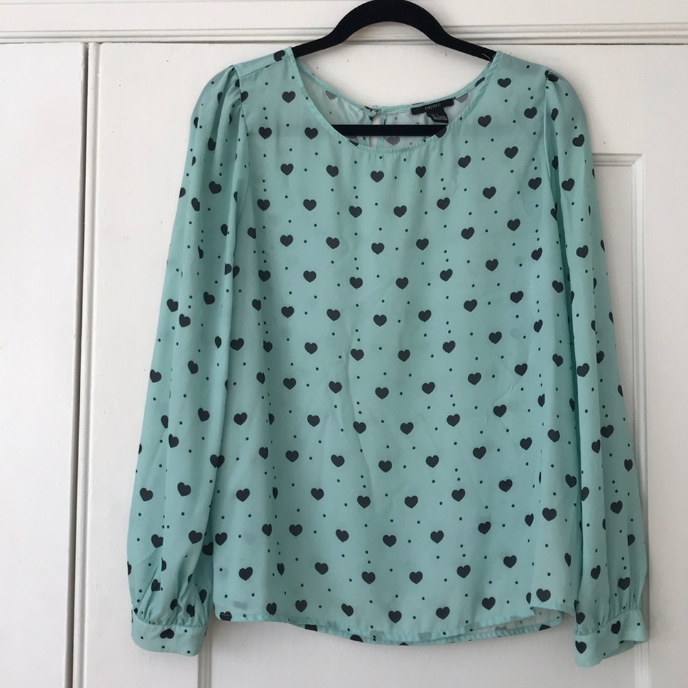 Light aqua teal with black hearts blouse